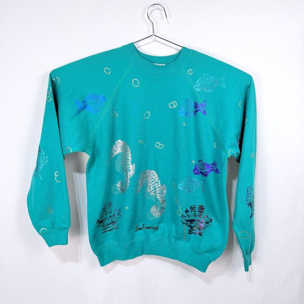 Vtg Crewneck San Francisco Seahorse, Fish, Shells Metallic Sweatshirt Adult XL